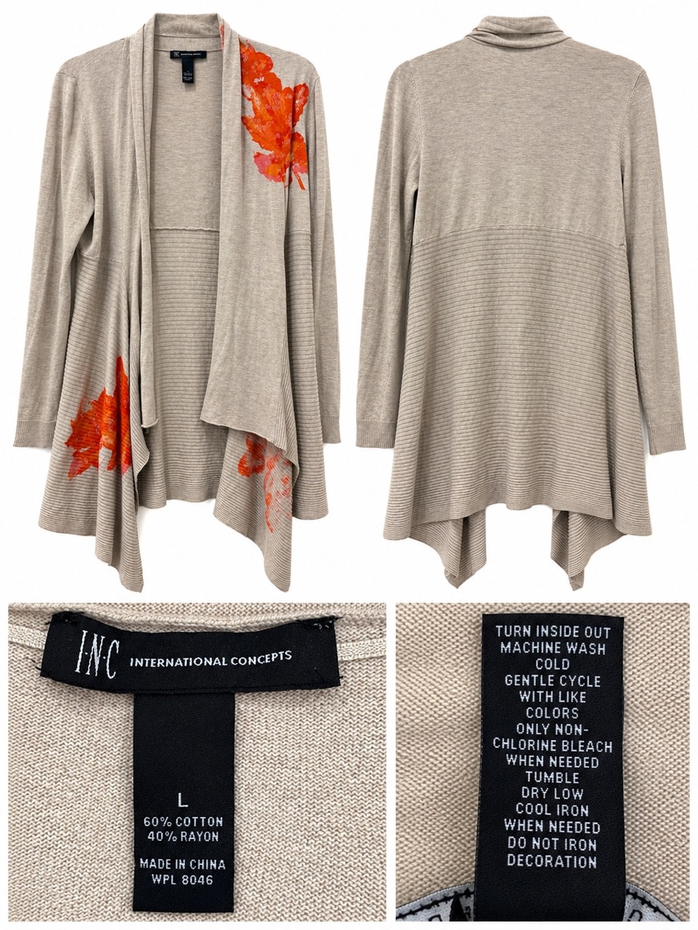 INC International Concepts Taupe Open-Front Cardigan with Orange Sequin Leaves,